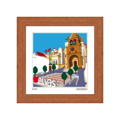 Ilustração colorida da cidade de Elvas em quadro com moldura de madeira