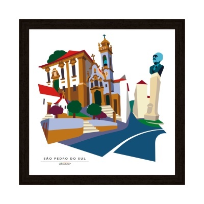 Ilustração colorida de São Pedro do Sul com edifícios e monumento