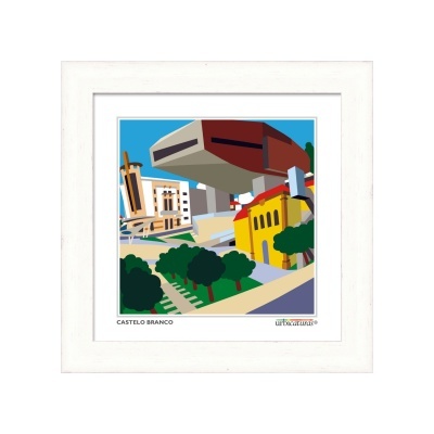 Quadro decorativo com ilustração colorida de edifícios e árvores com texto 