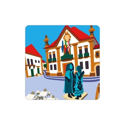 Ilustração digital de edifícios com telhado vermelho e figuras humanas estilizadas em azul-turquesa.