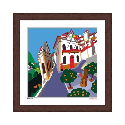Ilustração de edifícios e árvores coloridos em moldura de madeira castanha