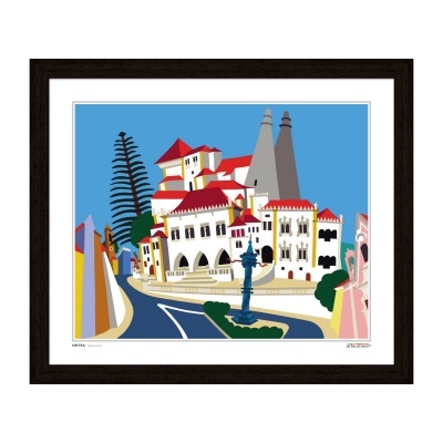 Gravura colorida de edifício com paredes brancas e pernas vermelhas emoldurada