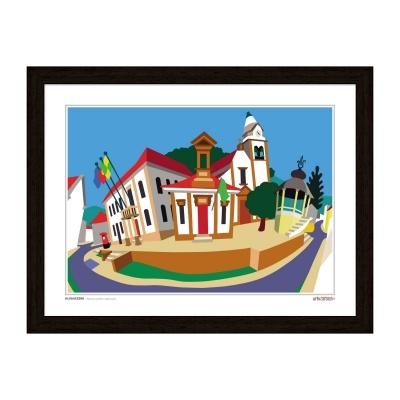 Reprodução artística emoldurada com edifícios coloridos e torre com relógio