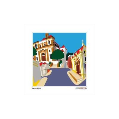 Ilustração colorida de rua inclinada em Abrantes com edifícios históricos e árvores