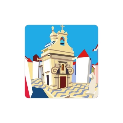 Ilustração digital de uma igreja amarela com padrão ondulado no chão e estátua branca.