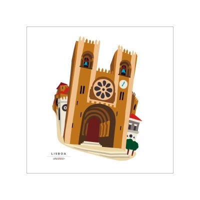 Ilustração da Catedral de Lisboa com torres e porta arqueada