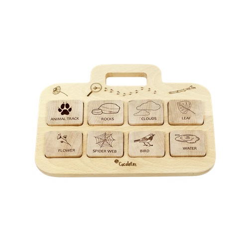 Desafio na Floresta (Nomes em Português) Tabuleiro de madeira para blocos de aprendizagem com desenhos gravados