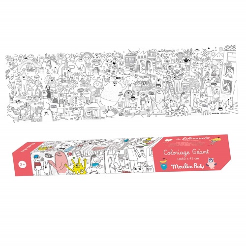 Caixa retangular rosa com mural para colorir gigante em preto e branco da Moulin Roty