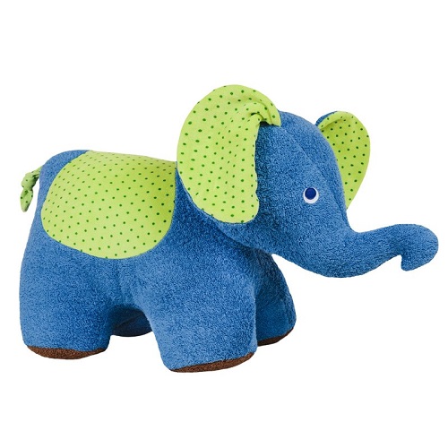Elefante Senta & Brinca XXL - Orgânico Peluche de elefante azul com orelhas verdes e padrão de pontos pretos