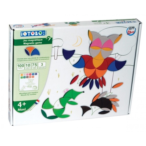 Jogo Magnético iOTOBO 4+ Maxi Caixa do jogo magnético LOTOOBO com peças geométricas coloridas e instruções em francês.