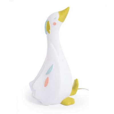 Lâmpada decorativa em forma de ganso branco com detalhes amarelos, azuis e rosa