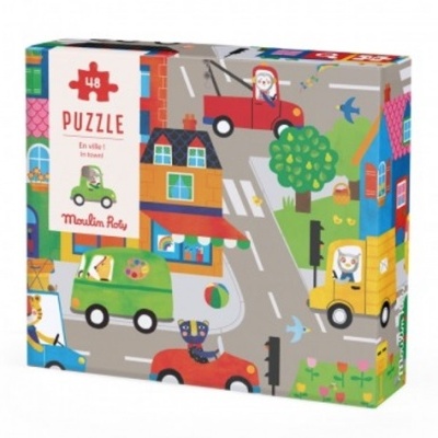 Caixa de puzzle colorido com 48 peças mostrando cena de rua com carros e casas.