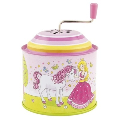 Caixa de música metálica decorada com princesa e cavalo, manivela cor de rosa