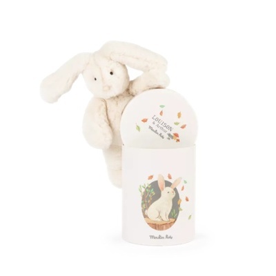 boneco de peluche coelho branco com embalagem ilustrada