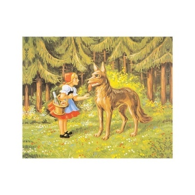 Menina com cesto frente a um lobo numa floresta florida