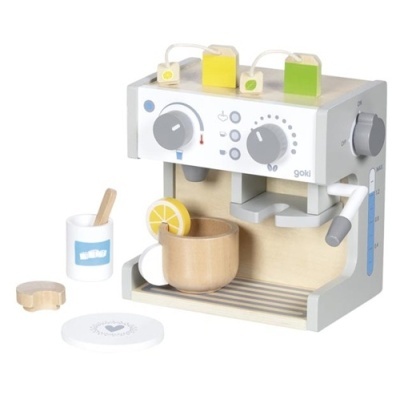 Máquina de café de brinquedo em madeira com acessórios incluindo copo e caneca