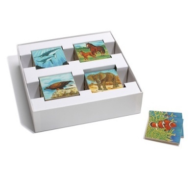 Conjunto de blocos de madeira coloridos com imagens de animais e embalagem branca