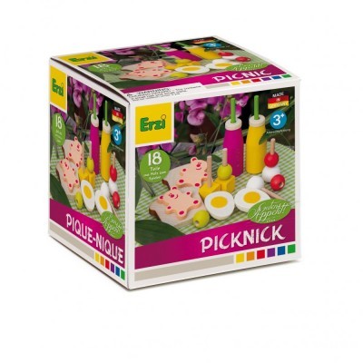 Brinquedo de madeira para piquenique com 18 peças em caixa colorida