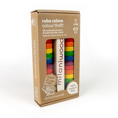 Jogo de torre empilhável de madeira colorida milaniwood em embalagem de cartão castanho