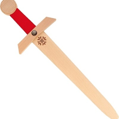 Espada de brinquedo em madeira com detalhes vermelhos