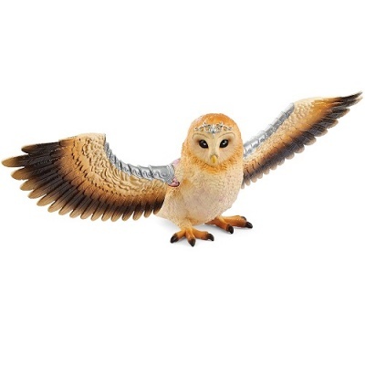 Figura de coruja com asas abertas em tons castanho claro e bege