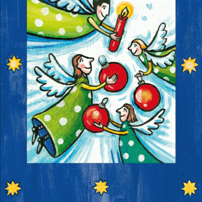 Ilustração de três anjos com bolas de Natal vermelhas e vela, quadro azul com estrelas amarelas