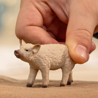 Miniatura de porco branco com textura e mão a segurá-lo