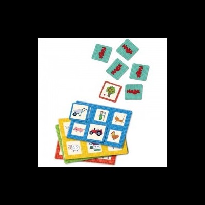 Cartas educativas coloridas HABA com imagens de animais e veículos agrícolas