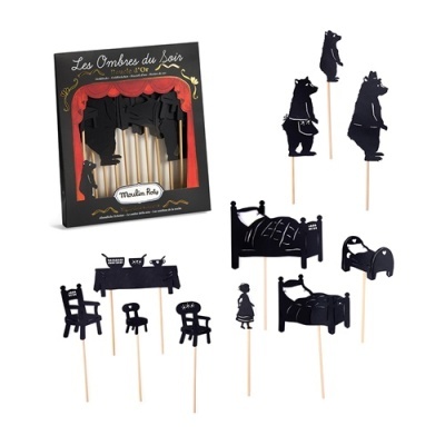 Bonecos de sombras chinesas em pauzinhos com embalagem preta e vermelho