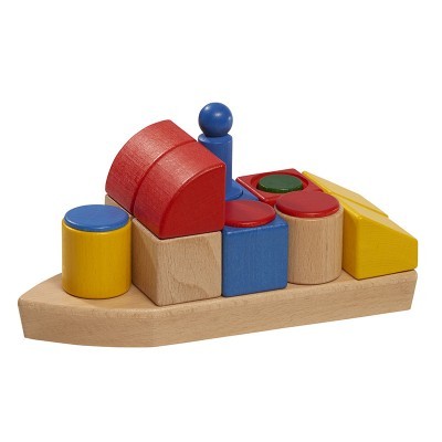 Blocos de construção em madeira coloridos com várias formas geométricas