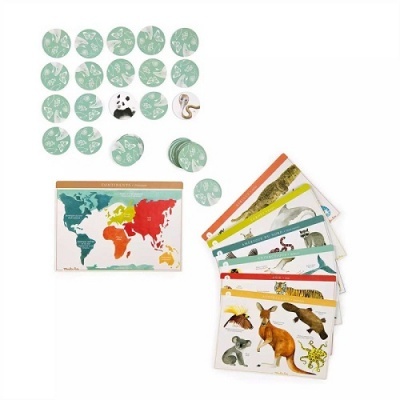 Jogo de cartas de animais do mundo com fichas e caixa com mapa-múndi