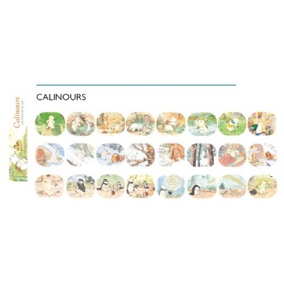 Ilustrações infantis diversas em pequenos quadros arredondados com animais e pessoas e o título CALINOURS