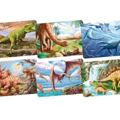 Seis puzzles infantis com imagens coloridas de dinossauros em diferentes paisagens naturais