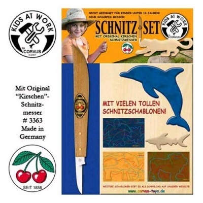 Conjunto de entalhe com faca e moldes de golfinhos, embalagem com texto em alemão