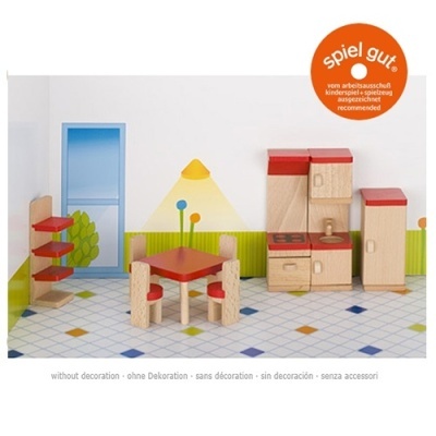 Cozinha infantil em miniatura de madeira com móvel e mesa vermelhos sobre azulejado branco