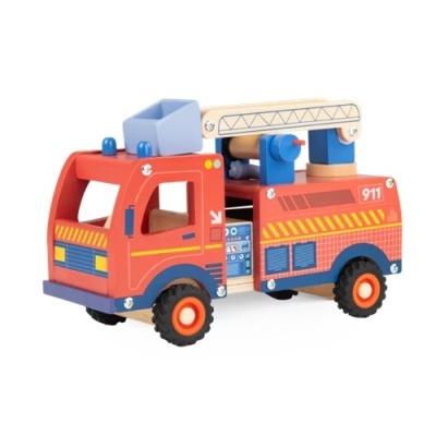 Brinquedo camião de bombeiros em madeira vermelho e azul com escada e rodas