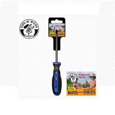 Chave de fendas com cabo preto e azul em embalagem com cartão colorido