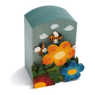 Caixa decorativa de madeira com flores coloridas e abelhas em fundo azul