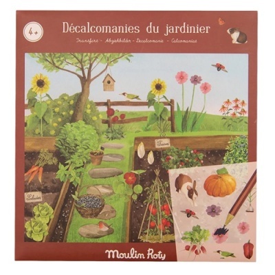 Embalagem de decalques com ilustrações de jardim e vegetais coloridos