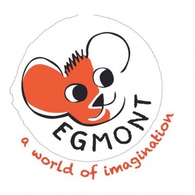 Logótipo com rato estilizado metade vermelho, metade branco, texto EGMONT e slogan a world of imagination.