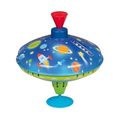 Peão de brinquedo azul e verde com decoração de planetas e estrelas.