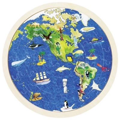 Puzzle redondo ilustrado com mapa das Américas e figuras coloridas sobre fundo azul