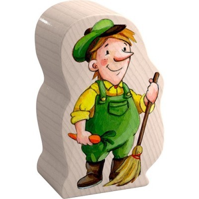 Bloco de madeira com desenho de jardineiro a segurar cenoura e vassoura