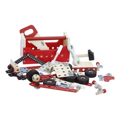 Conjunto de ferramentas de brinquedo em madeira com caixa vermelha e branca e várias peças