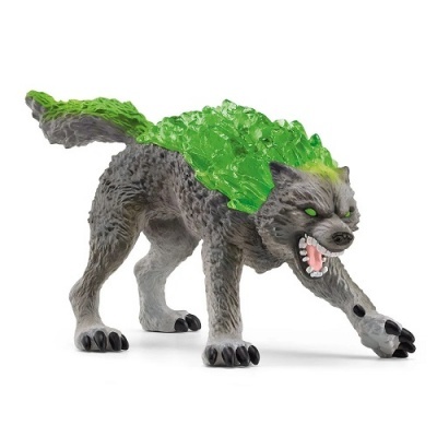 Figura de animal tipo lobo com crista verde translúcida e expressão agressiva