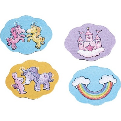 Conjunto de quatro pegatinas infantis com unicórnios, castelo e arco-íris