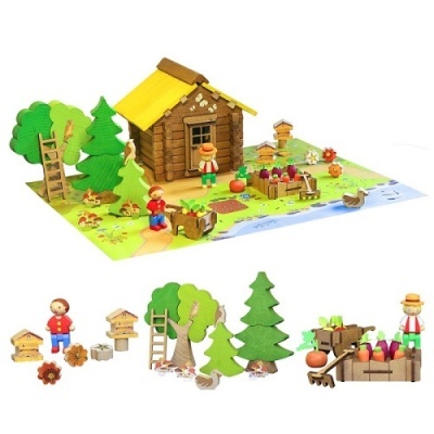 Brinquedo de madeira com cabana, árvores e figuras humanas