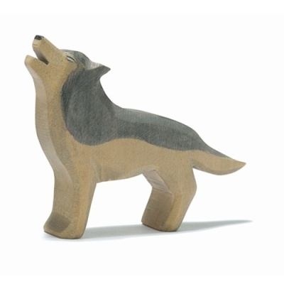 Figura de lobo em madeira pintada cinzento e bege