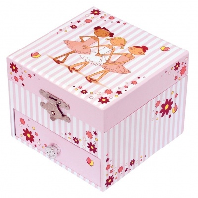 caixa de música cor-de-rosa com bailarinas e flores