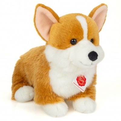 Pelúcia de cão Corgi castanho e branco com etiqueta da marca Teddy
